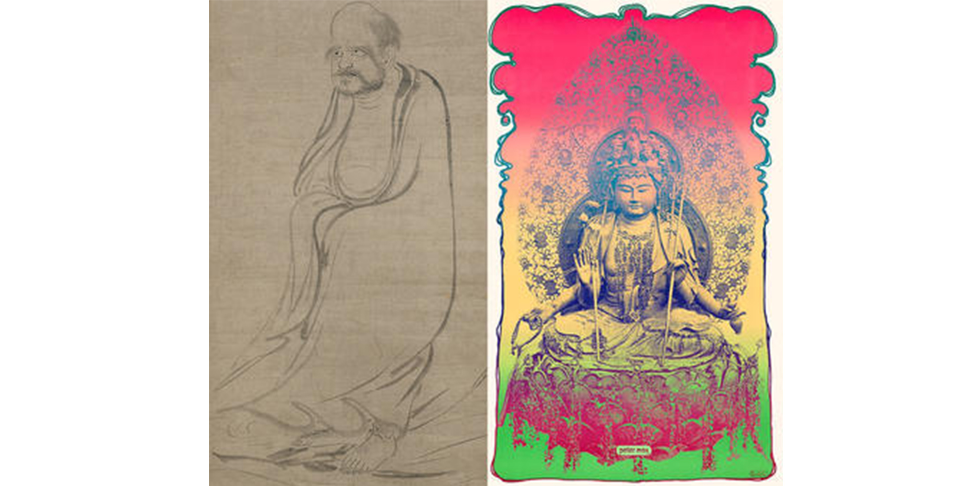 Left: Bodhidharma Crossing the Yangtze River on a Reed  by Sessō Tōyō; Right: Prana by Peter Max 