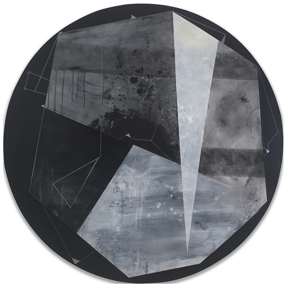 Circular painting of black and grey geometrical shapes. 