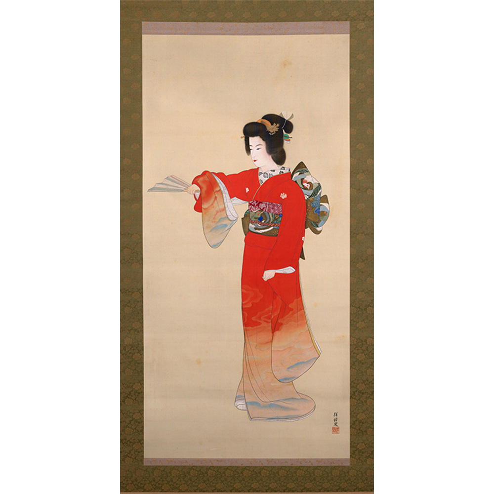 Painted ink scroll of a woman performing Noh Dance. 