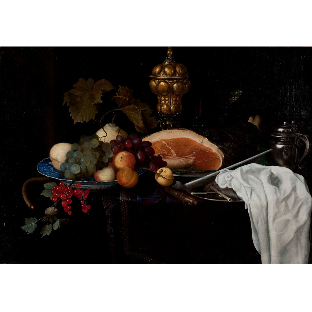 Oil painting still life of fruit, meat, pipe, and goblets