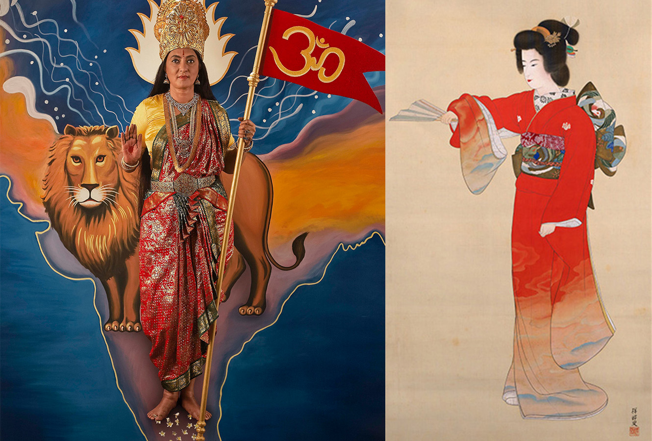 Painted ink scroll of a woman performing Noh Dance. Photo print of woman next to a lion holding a red flag with om symbol. 