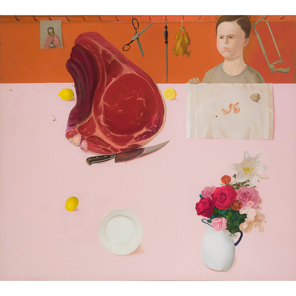 Painting of young woman sitting at pink table with a large raw steak and flowers.