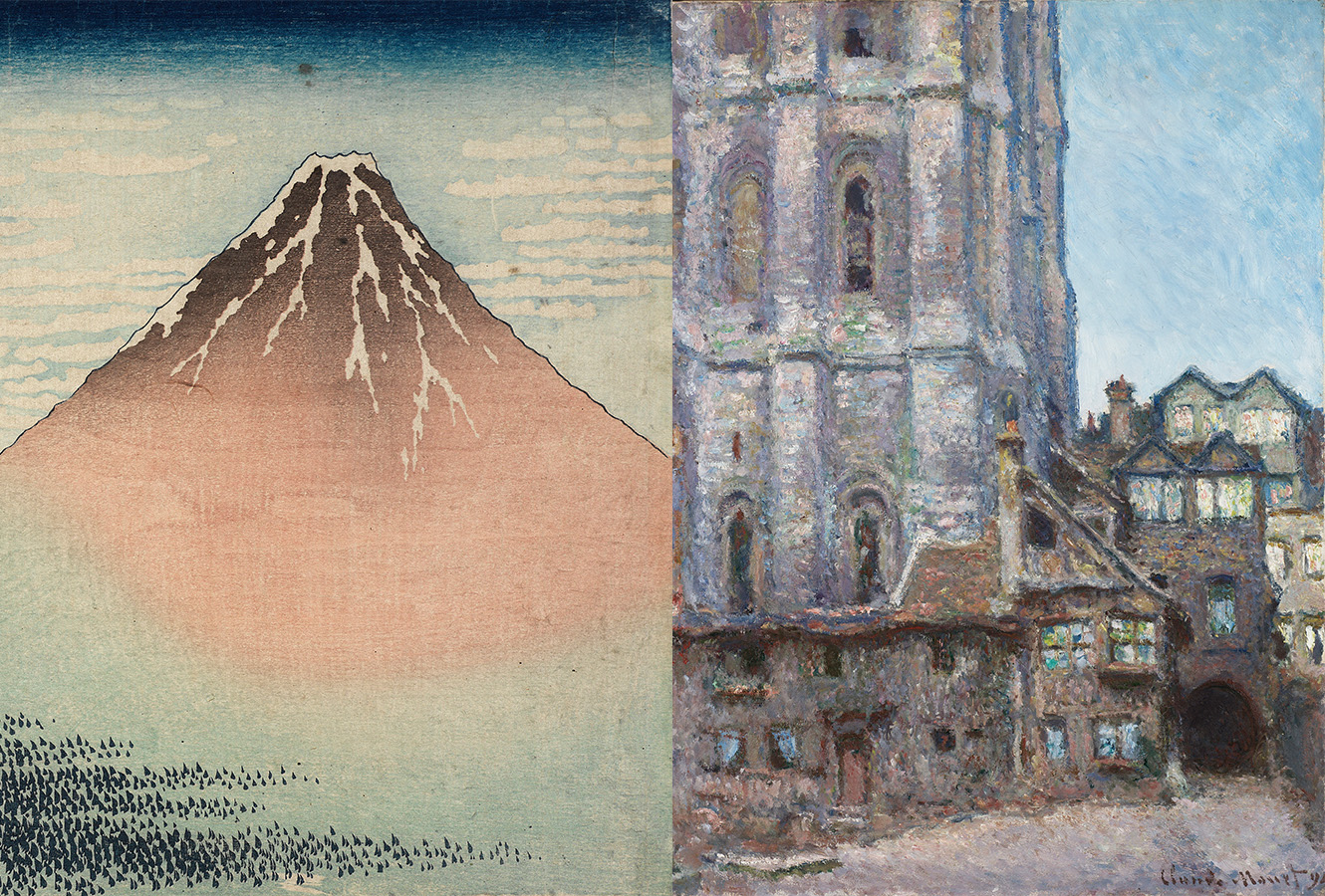 Woodblock print of Mount Fuji. Painting of Cathedral in daylight.