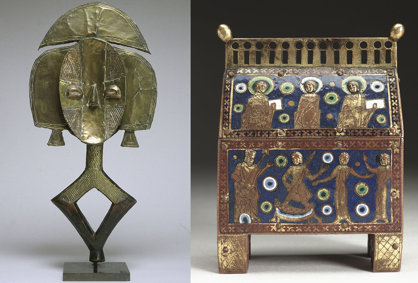 Brass sculpture of an abstract figure. Reliquary decorated with religious figures in enamel. 
