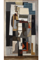 Cubist, abstract; shaded greens and blue shapes; grays, whites, and small shapes of deep red