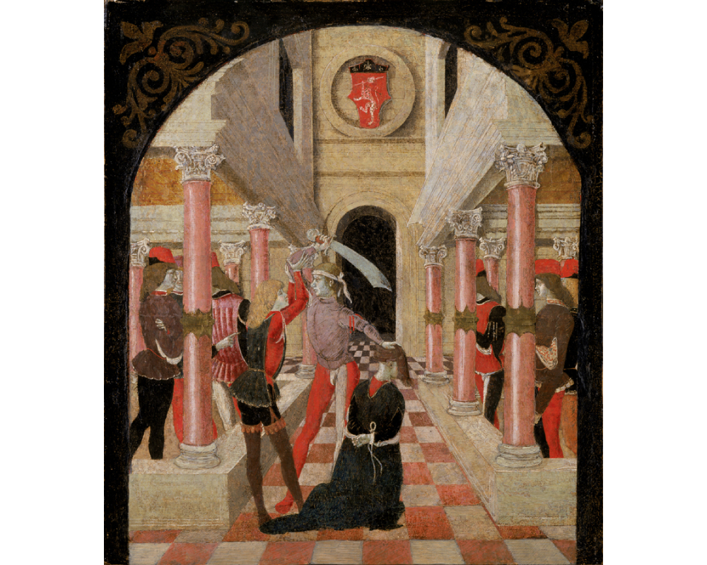 With his left hand, a man holds the head of one man kneeling, bound man; with his right hand he holds a sword above the head of another, who appears to hold his arm still; other figures watch from behind rows of pink pillars; red and white tiled floor and black arched doorway on the back wall