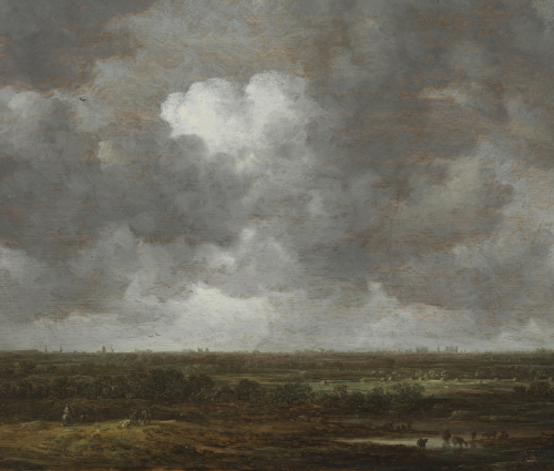 landscape; the sky is dark with billowing clouds, small people and livestock are visible at the fore of the wide, flat land; low collections of buildings can be made out on the horizon