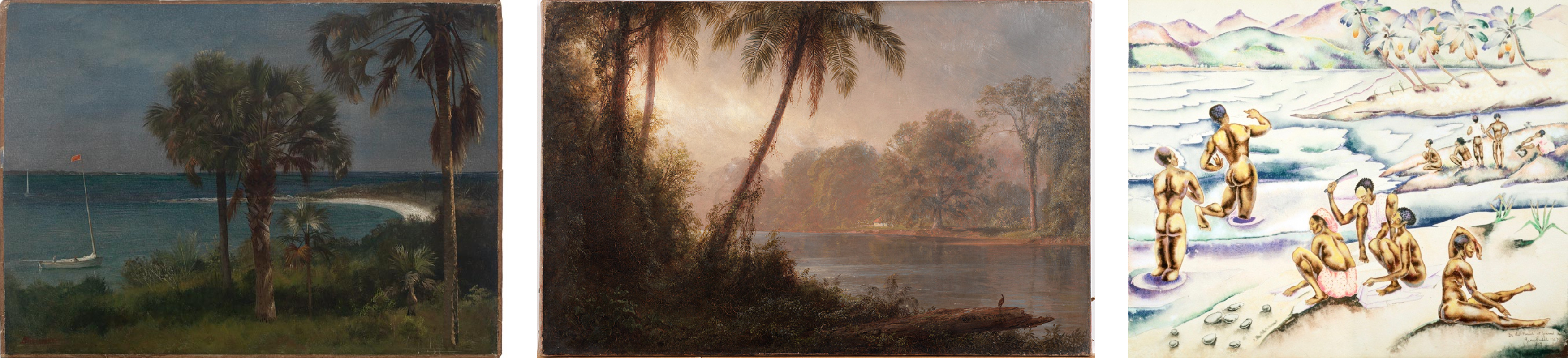 Three images: moody, dark beach with a palm trees; palm trees and greenery at dusk on a waterfront; bathers on the sand and in the waves of a beachfront