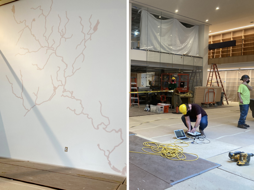 left: projection of the Mill River map on the white wall; right: masked workers wearing hard-hats in the lobby of the new Neilson under construction. James crouches over a projector