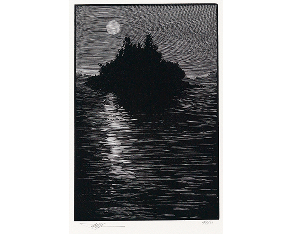Woodcut with black ink of an island in a river in the moonlight.