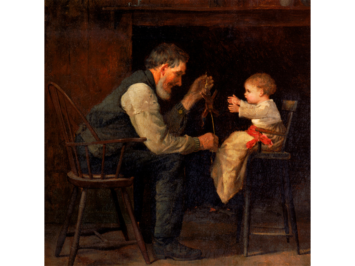 Dark painting of an older man playing with an infant in a high chair