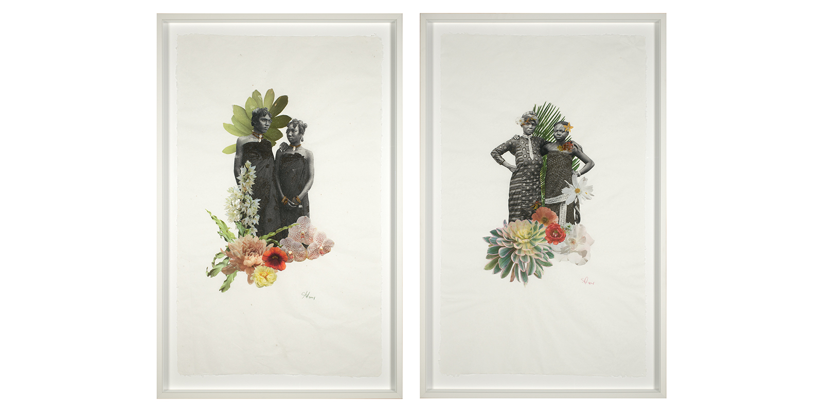 Two part collage, each collage shows two women in dresses standing side by side with flowers behind and in front of the them.