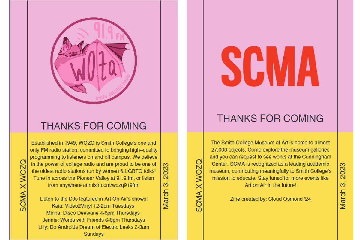 pages 7 & 8 of the Art on Air zine, both pages thanking the viewer for visiting the event and a short description of WOZQ and SCMA mission statements