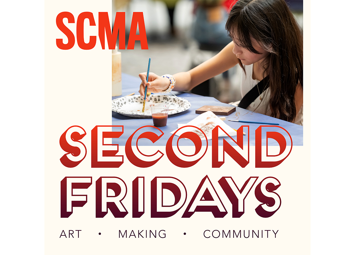 Young participant mixing watercolors on a table using a disposable plate to use on a painting she is making. Plus text that reads; SCMA, Second Fridays, Art, Making, Community