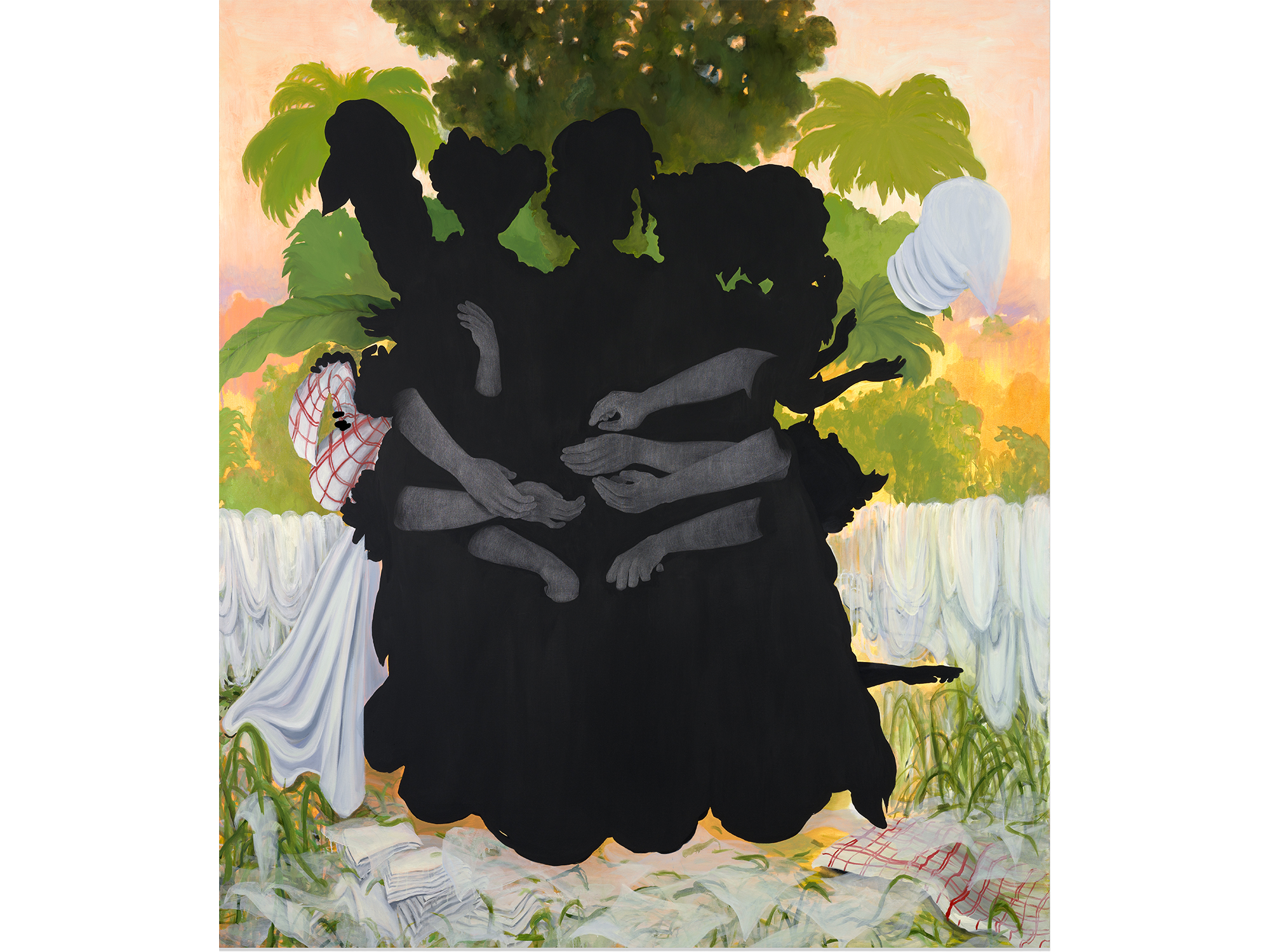 Abstract collage of black sillhouette of people with outlines of their heads and gray arms embracing the black shape