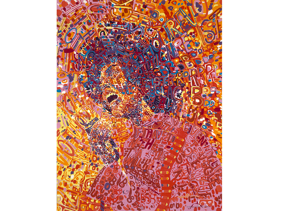 Bust length portrait of a figure facing left holding an object in their proper left hand near their open mouth. Figure has short curly hair and is composed of words and letters printed in pink, marroon, orange, yellow, red, blue and black.