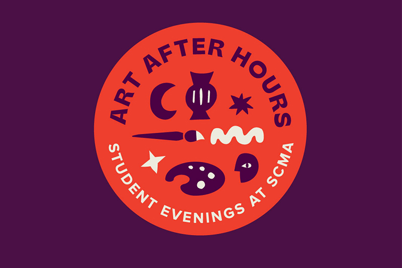 Red Circle logo with text that reads "Art After Hours, Student Evenings at SCMA"