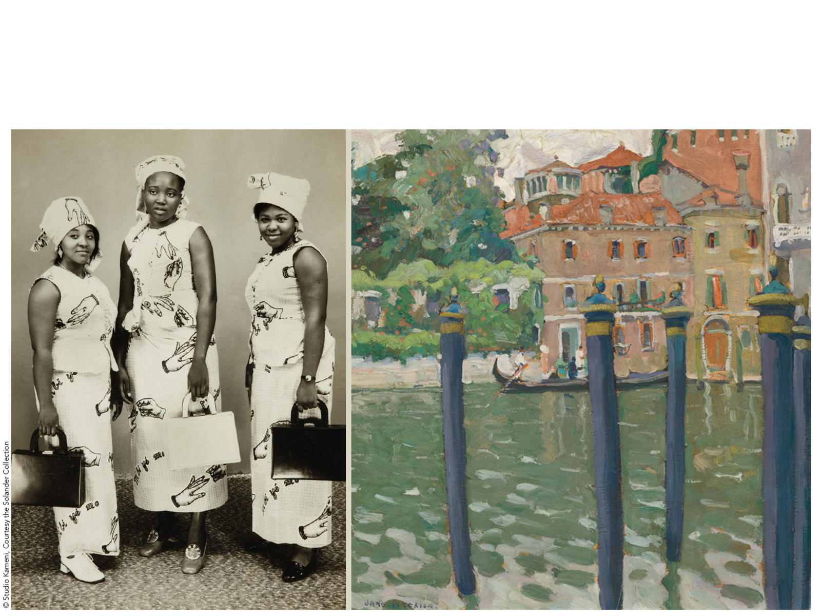 To the left three women pose in matching dresses and handbags. To the right a gondola floats in the distance on water, and a building sits at the shoreline.