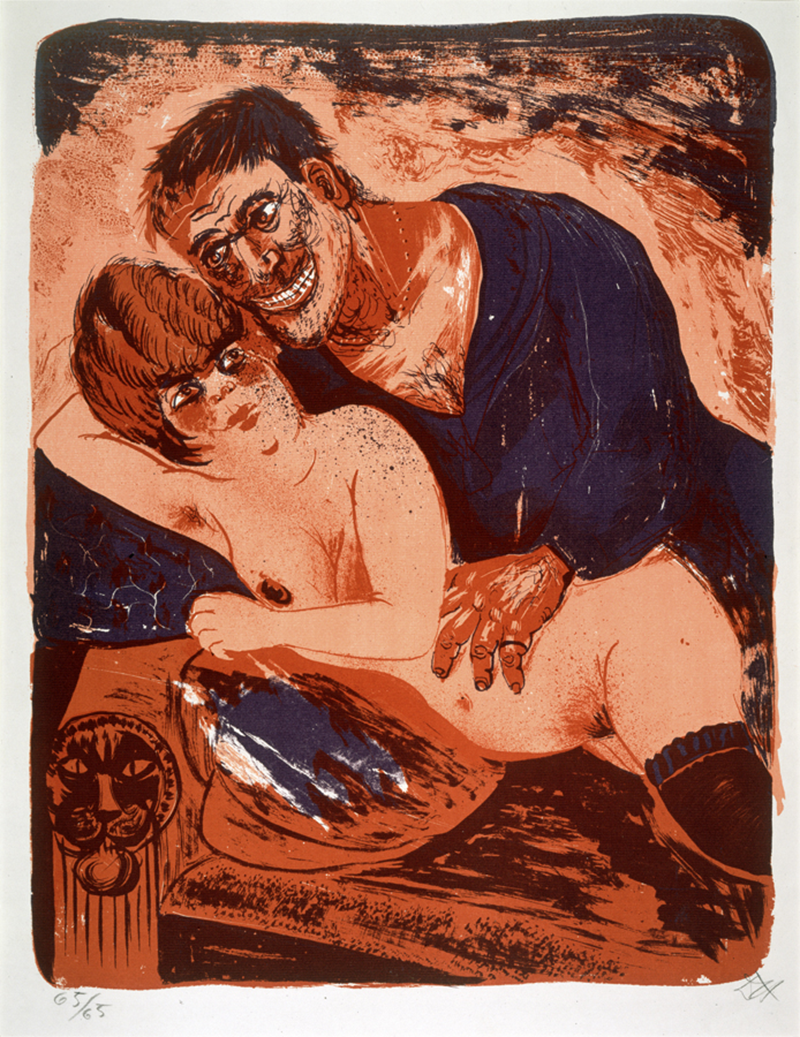 Print in orange-red, navy blue, black, and white of a clothed sailor lying diagonally across a nude woman on a chaise. The figures are smiling and making eye contact.