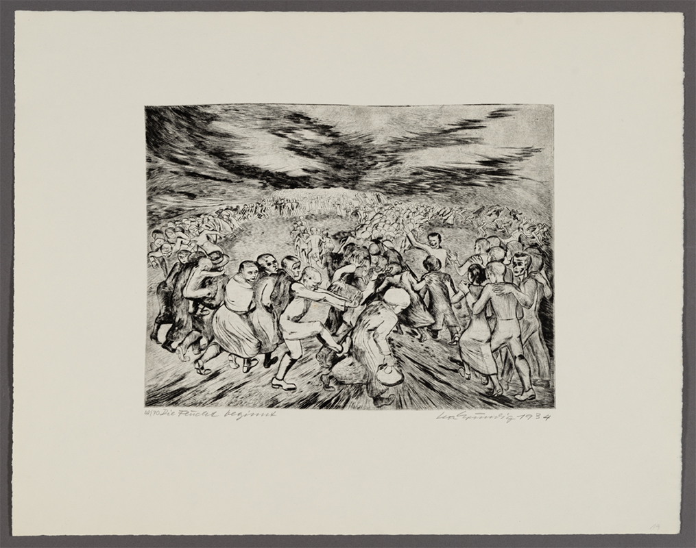 Black-and-white print of crowds of people walking in a line that loops across a plain landscape.