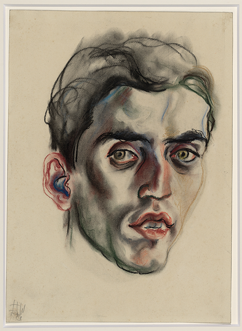 Drawing of a young man’s head with dark hair and thick eyebrows. Blue, red, and yellow highlights in layers of pastels over dark charcoal lines.