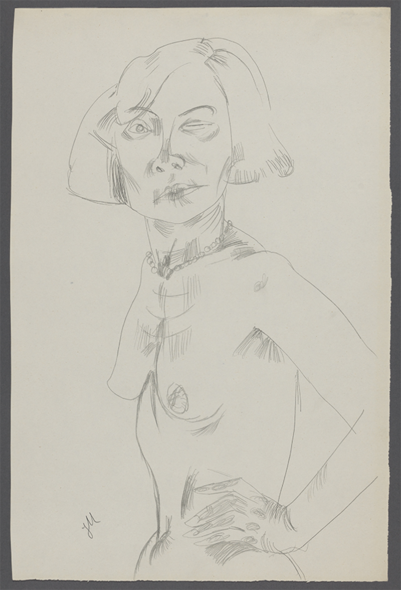 Light pencil drawing of a nude woman from the hips up, with her hand on her hips. Her torso faces the left edge of the paper, and her face is turned outwards with her left eye closed in a wink.