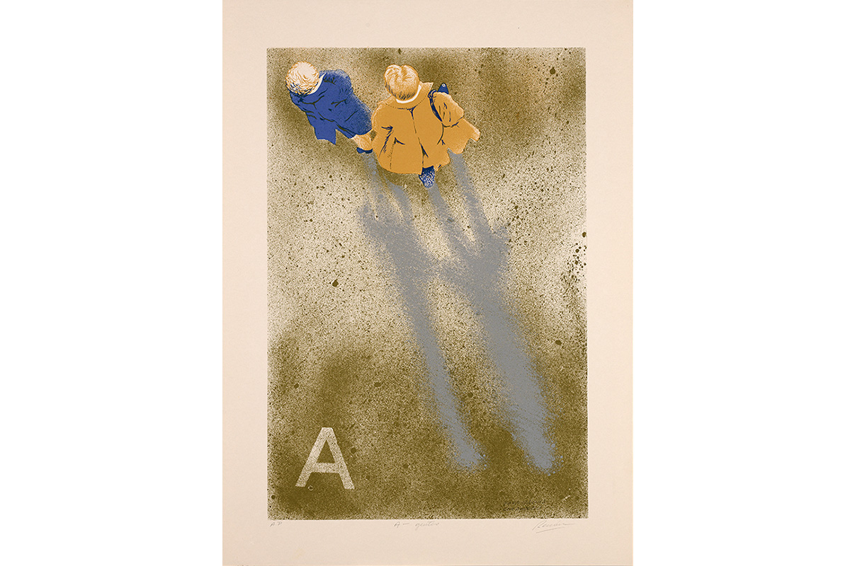 "overhead view of two figures; one in an ochre coat, and one in a blue coat; grey shadows extend behind them. A white letter A is in the left foreground"