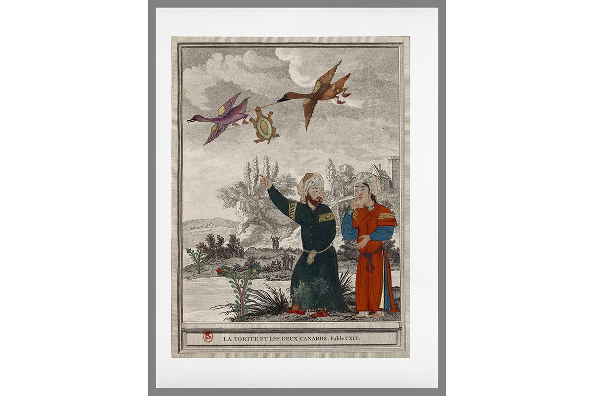 "digital collage with gold showing two figures dressed in green and red in the center right above whom fly two ducks who hold a stick to which a turtle grasps with its mouth; the black and white background shows a landscape with trees and parts of buildings to the right; the image is framed by a grey border; text at the bottom reads, in French "LA TORTUE ET LES DEUX CANARDS. Fable CXCI." [The tortoise and the two ducks. Fable CXCI.]"