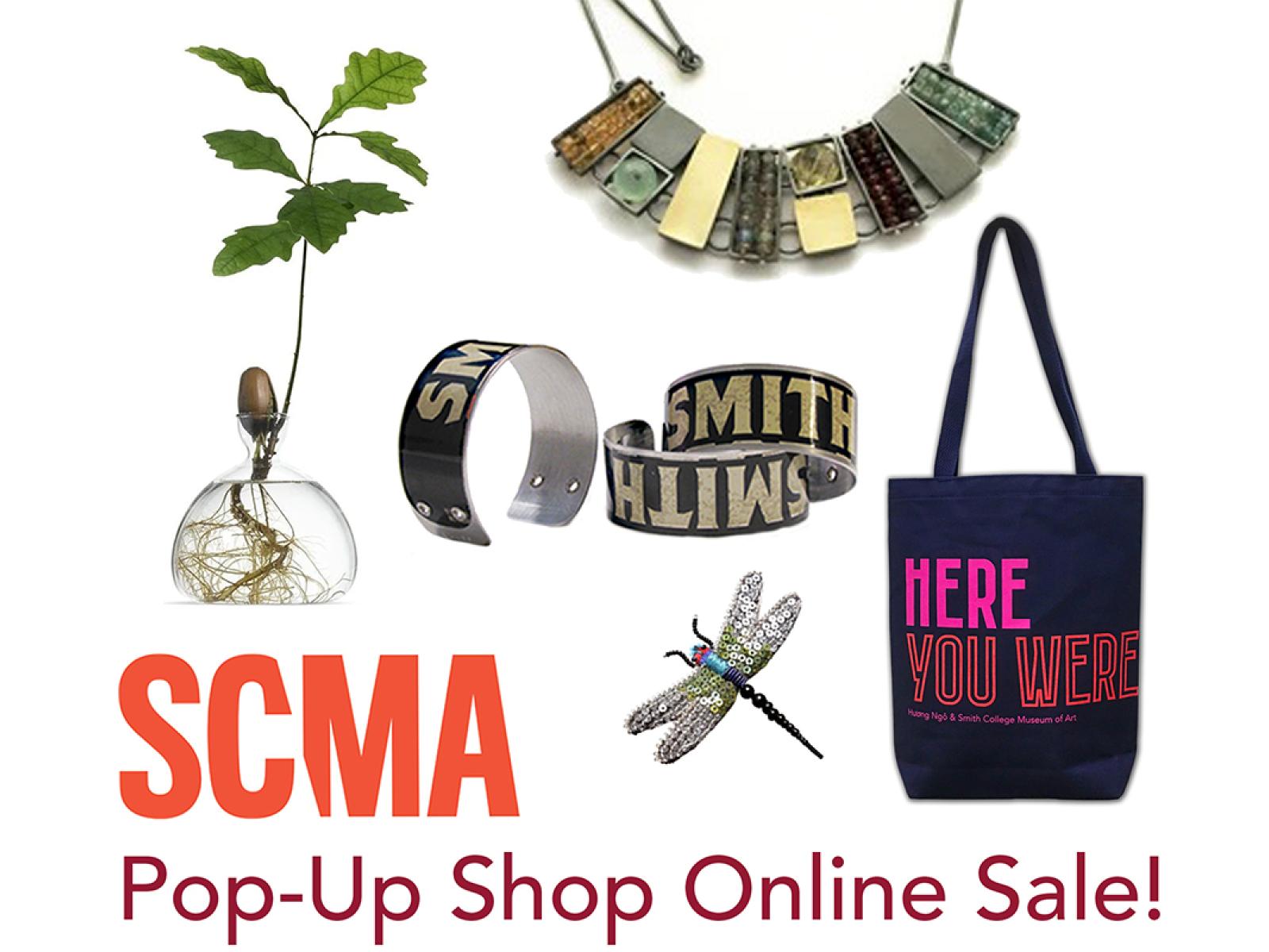 Pop-up Shop Sale graphic with a necklace, bracelets, dragonfly pin, HERE WE ARE handle bag and vase.