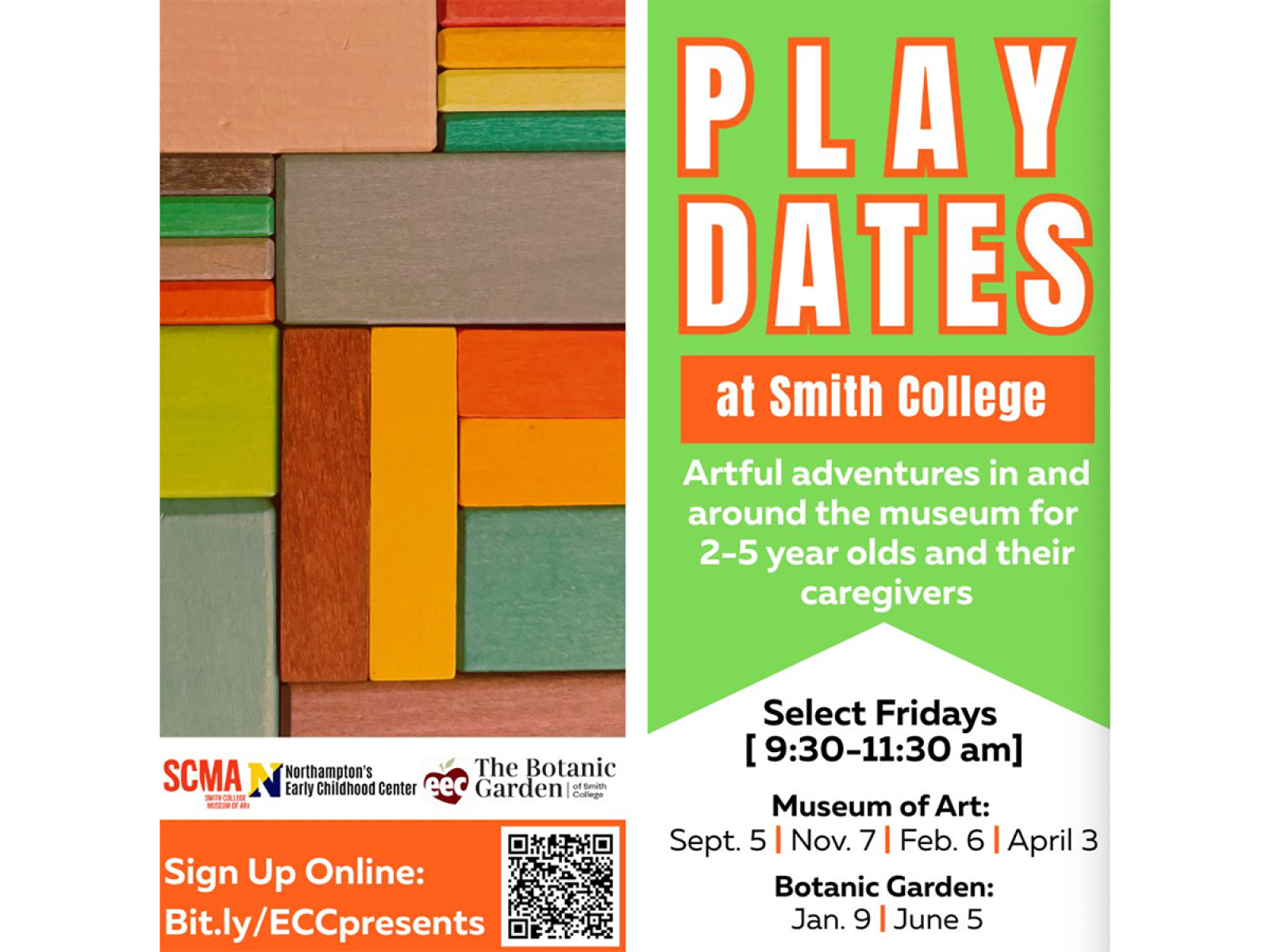 Graphic with colored building blocks on the left and Playdates at Smith College with details found in body text below