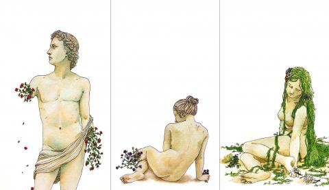 Triptych drawing of classical statues adorned with flowers and vines - one standing, two reclining