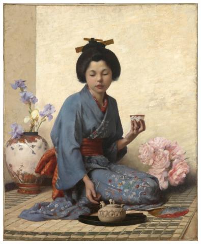 A Cup of Tea. 1883 by American artist Charles Sprague Pearce, 1851–1914.