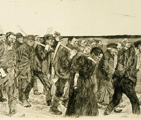 group of people (mostly men) walking from left to right; man in center middle ground carrying scythe, two other men carrying axes; woman in center foreground carrying sleeping child on her back