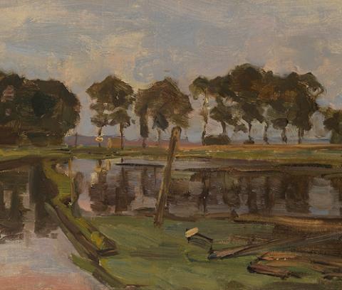 outdoor landscape; muted green trees and sky reflecting on water