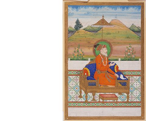 "A portrait of the Mughal Emperor Shah Jahan reclining on his throne above a richly decorated carpet as he looks out over a landscape of rolling green hills"