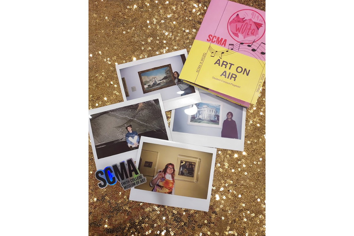 "Polaroids captured the four DJ’s Jennie Matthewson ‘23, Minha Virk ‘25, Kaia Austin ‘25, and Lilly Watson ’25 with an art piece that inspired their playlist alongside the cover of the zine handout designed by Cloud Osmond. Polaroids taken by Cloud Osmond ‘23. Photograph by Nina Peláez, Associate Director of Learning & Interpretation."