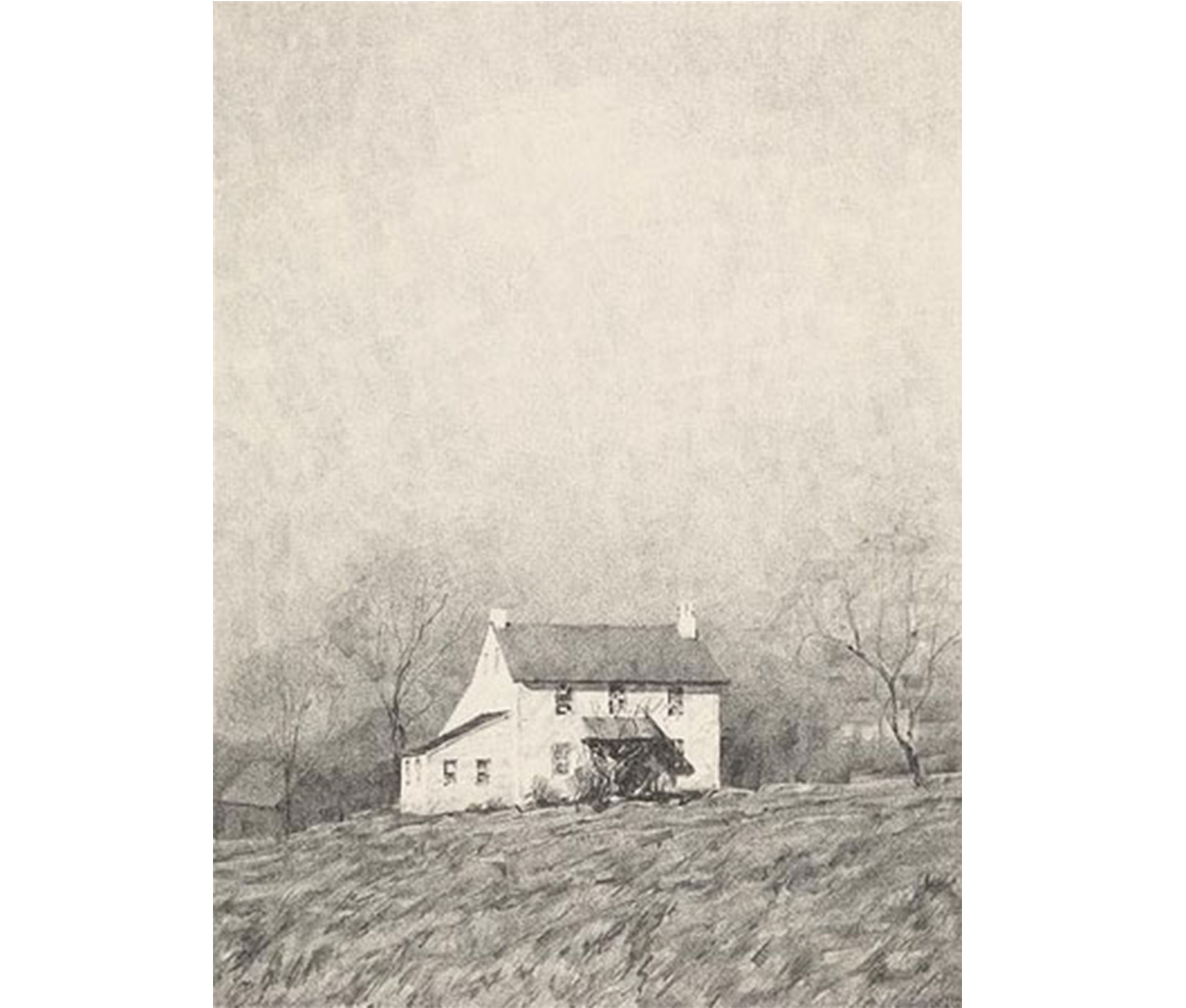 Image of November Sunlight print - black and white image of two-story house with barn behind in center of large empty lawn, surrounded by trees and open sky