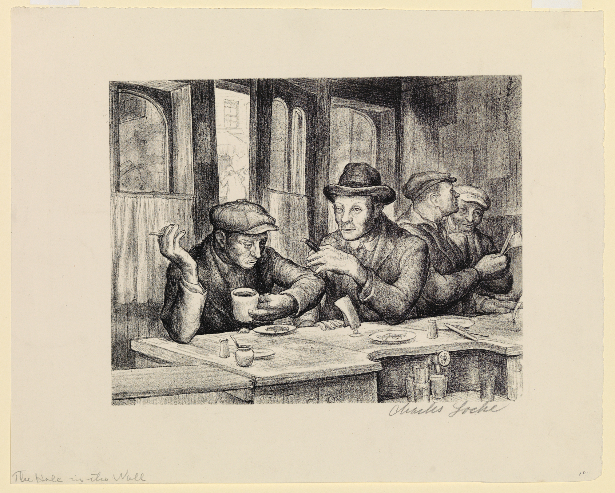 An indoor scene of four men sitting at the counter of a greasy-spoon diner, drinking coffee and smoking. The two men in the foreground are deep in conversation, while the other pair is looking over their food bill. Behind the men the restaurant door is slightly open, revealing people on the street outside.