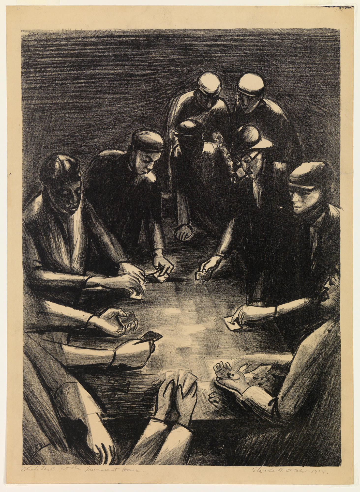 A group of men stand and sit around a table playing cards. They all appear from the same social class save for one man wearing a fedora and smoking a pipe.