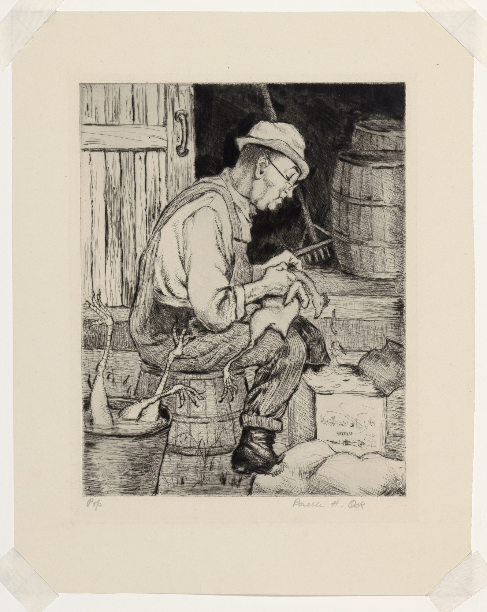 Older man wearing a hat, overalls, and glasses, seated on a barrel facing right, plucking a chicken