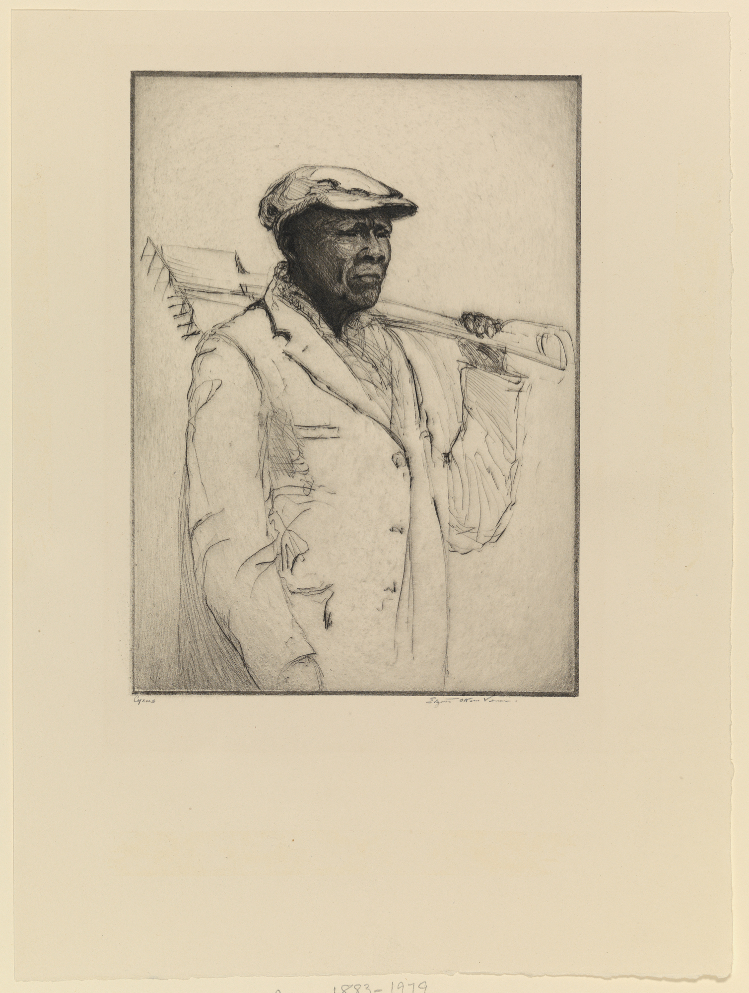 Half length portrait of an African American man with furrowed brow, wearing a newsboy cap, coat, and scarf. Man holds a rake and shovel over his shoulder.