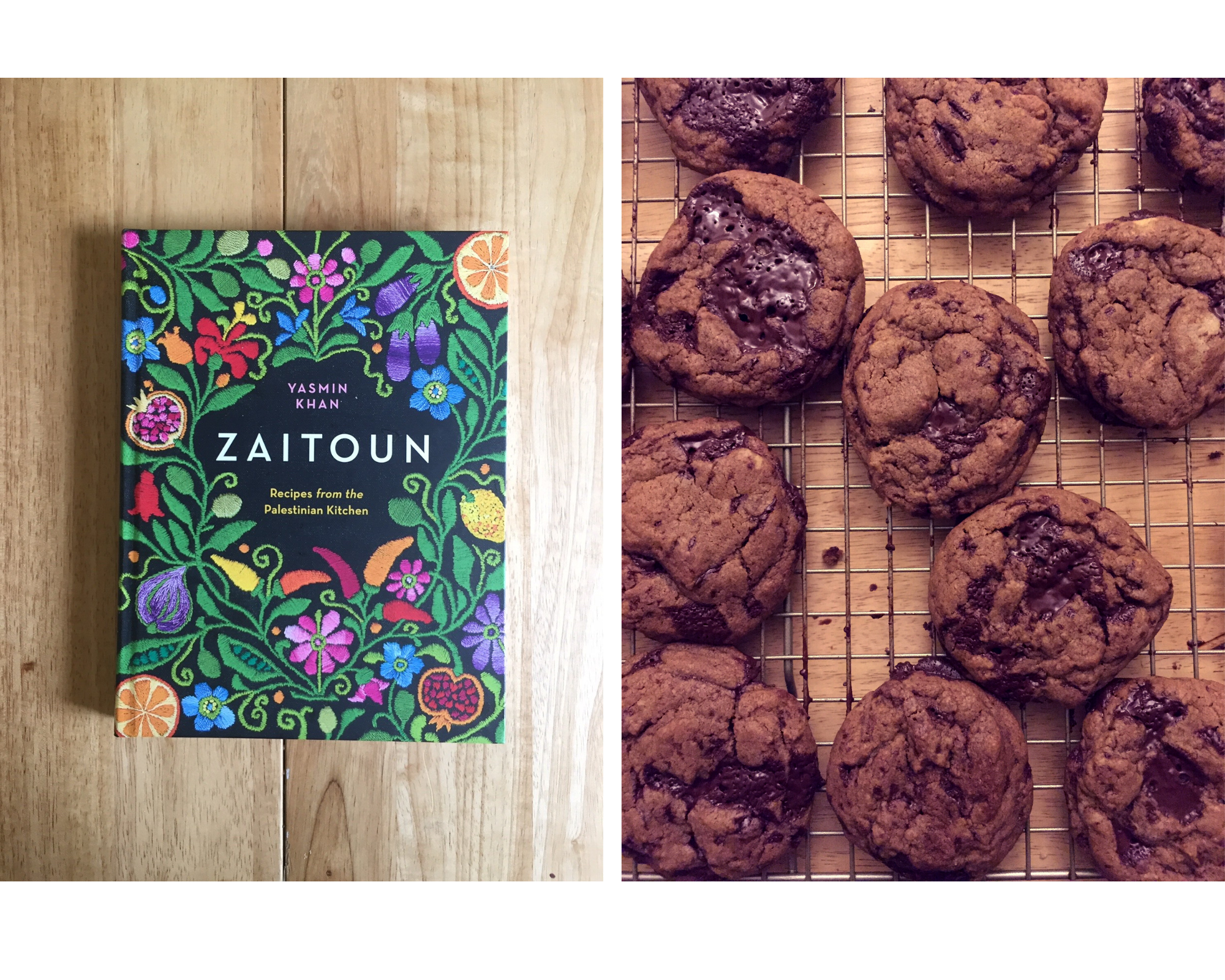 Yasmine Khan’s cookbook, "Zaitoun: Recipes and Stories from the Palestinian Kitchen" on the left, chocolate tahini cookies on a cooling rack on the right