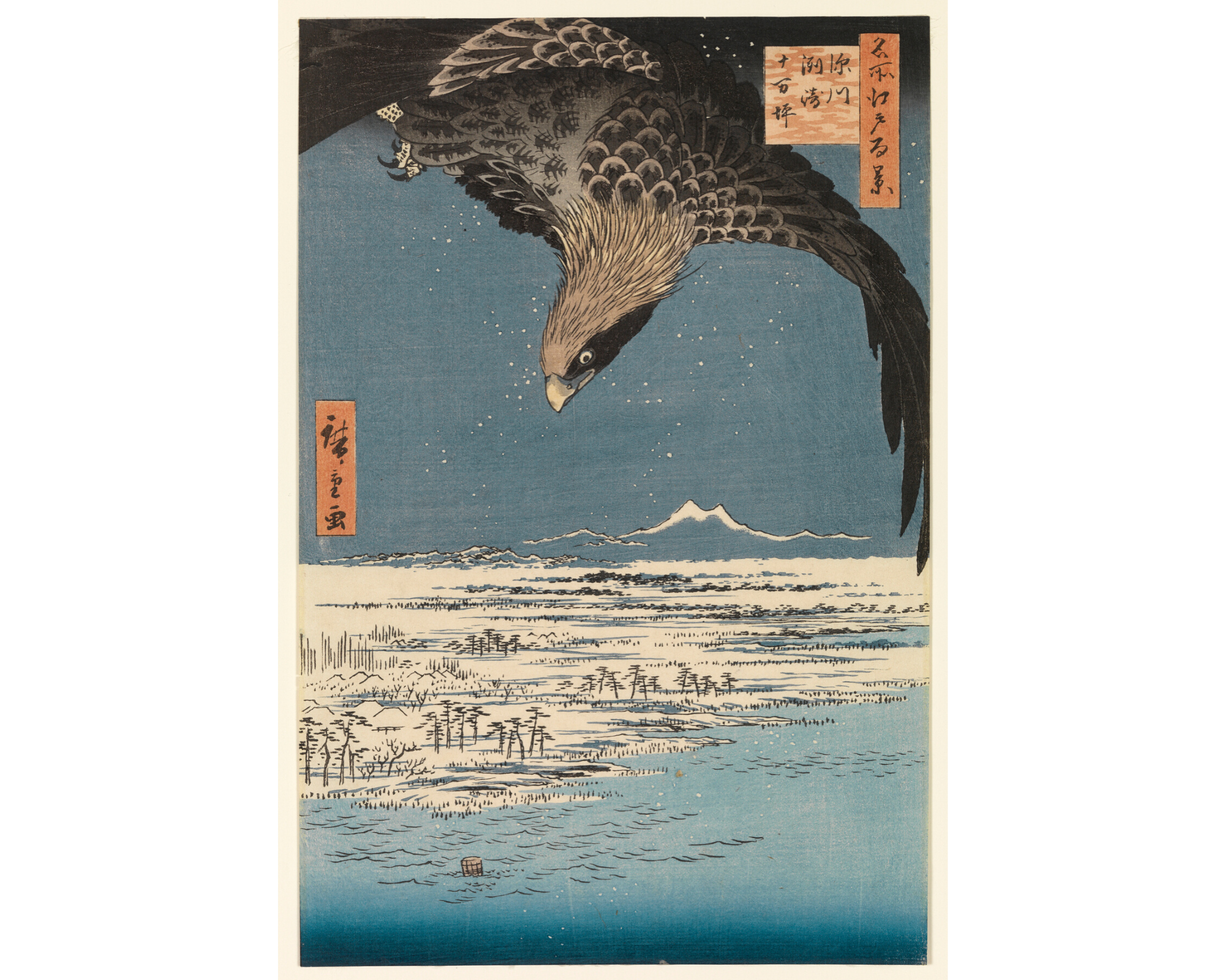 Utagawa Hiroshige, Japanese (1797-1858). Fukagawa Susaki Jumantsubo from One Hundred Famous Views of Edo, 1857, woodcut printed in color on paper, Gift of Mr. and Mrs. James Barker (Margaret Clark Rankin, class of 1908) "The Margaret Rankin Barker - Isaac Ogden Rankin Collection of Oriental Art", SC 1968.467