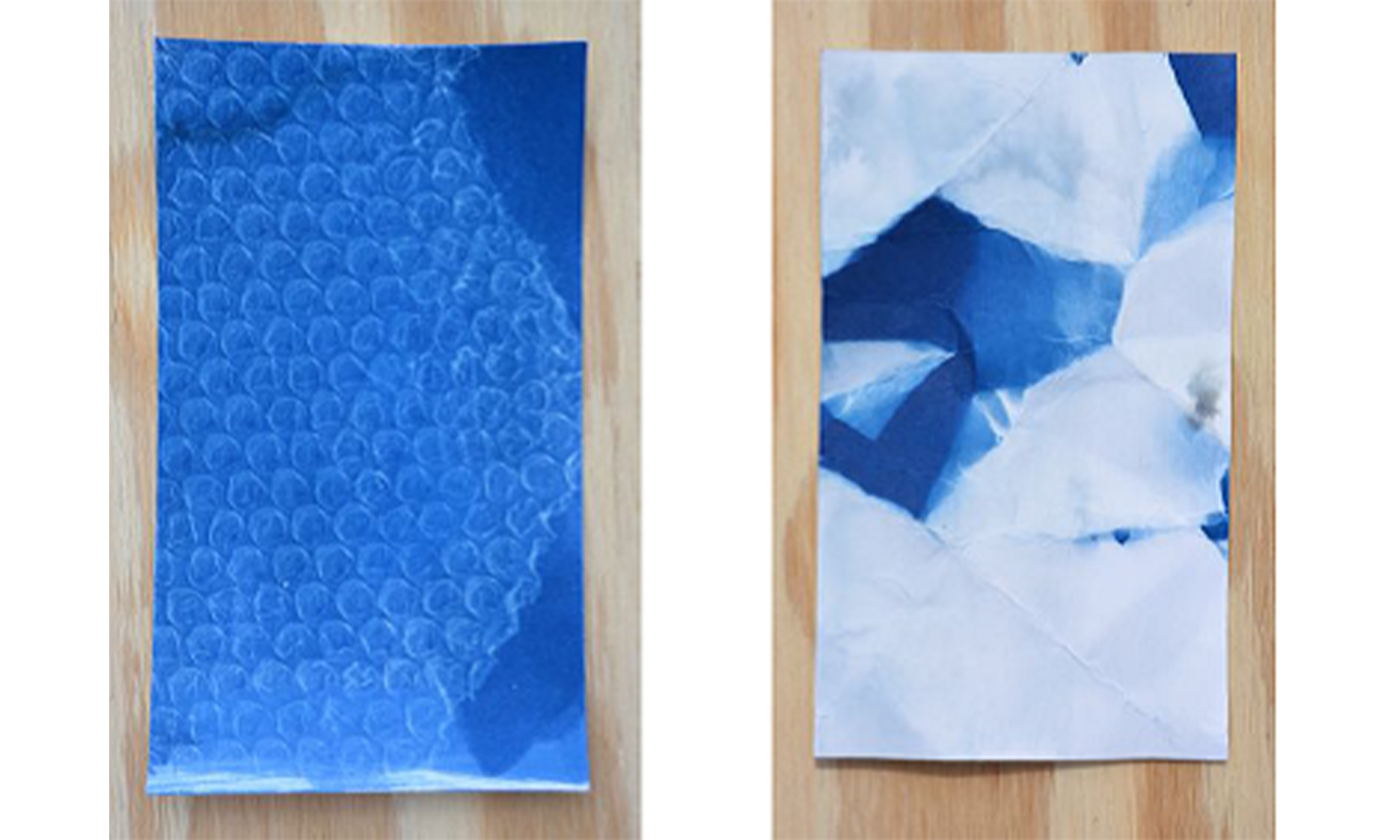 Two cyanotypes of textured materials