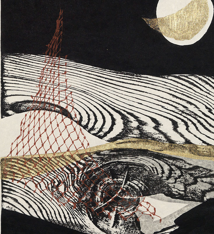 Reika Iwami. Japanese, 1927-2020. Water and the Moon (detail), 1972. Woodcut and collograph printed in black, red, and metallic ink with embossing on medium thick, slightly textured, cream-colored paper (34/50). 20 x 13 inches. The Hilary Tolman, class of 1987, Collection. Gift of The Tolman Collection, Tokyo. SC 2014.12.14 
