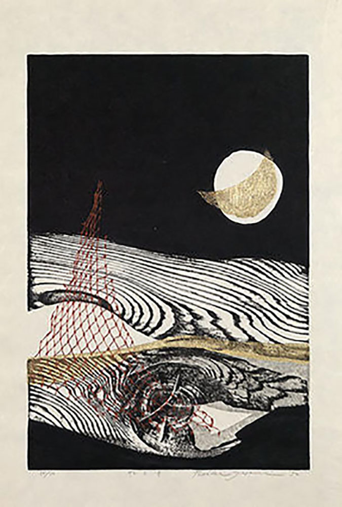 Reika Iwami. Japanese, 1927-2020. Water and the Moon, 1972. Woodcut and collograph printed in black, red, and metallic ink with embossing on medium thick, slightly textured, cream-colored paper (34/50). 20 x 13 inches. The Hilary Tolman, class of 1987, Collection. Gift of The Tolman Collection, Tokyo. SC 2014.12.14 