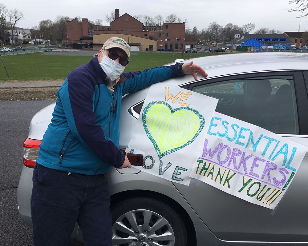 Doug at the car parade thanking essential workers.