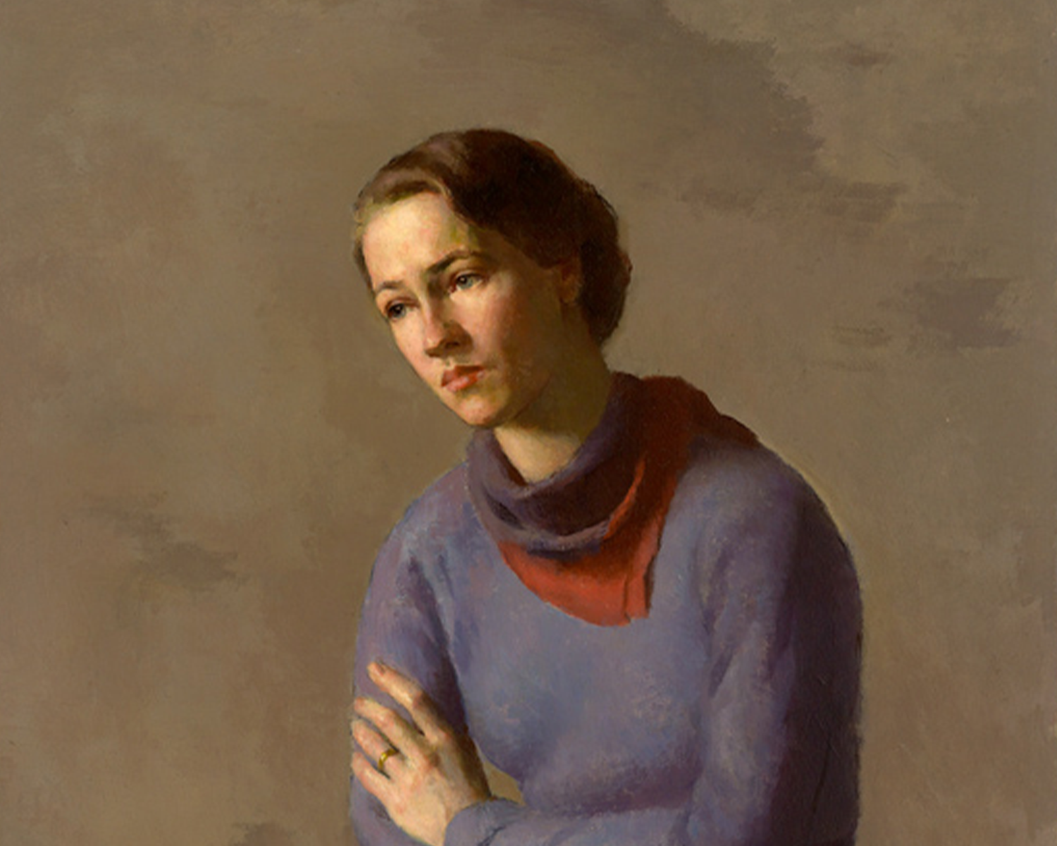 This detail of Anne Morrow Lindbergh shows her bust. Slightly hunched over with a sad expression on her face, she wears a purple sweater and red scarf and looks slightly downward.