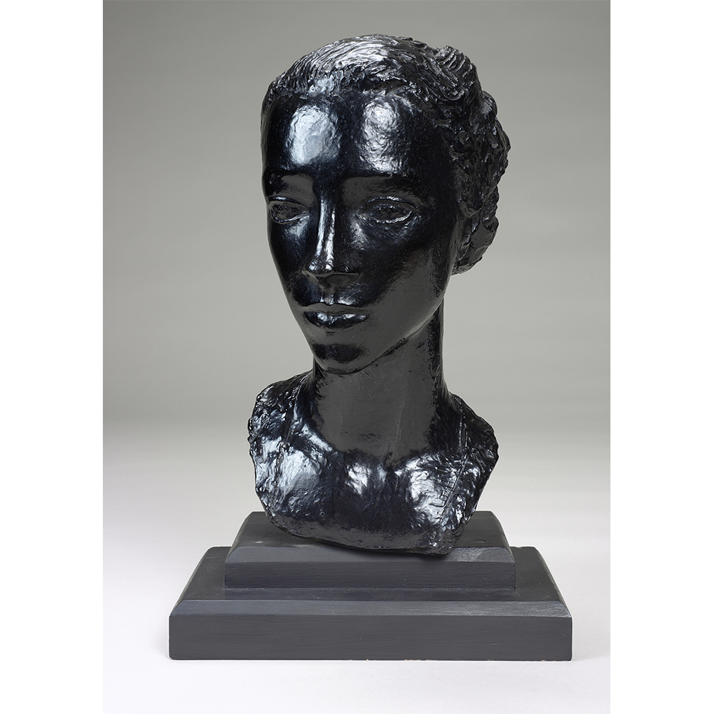 Dark bronze sculpture bust of a woman.