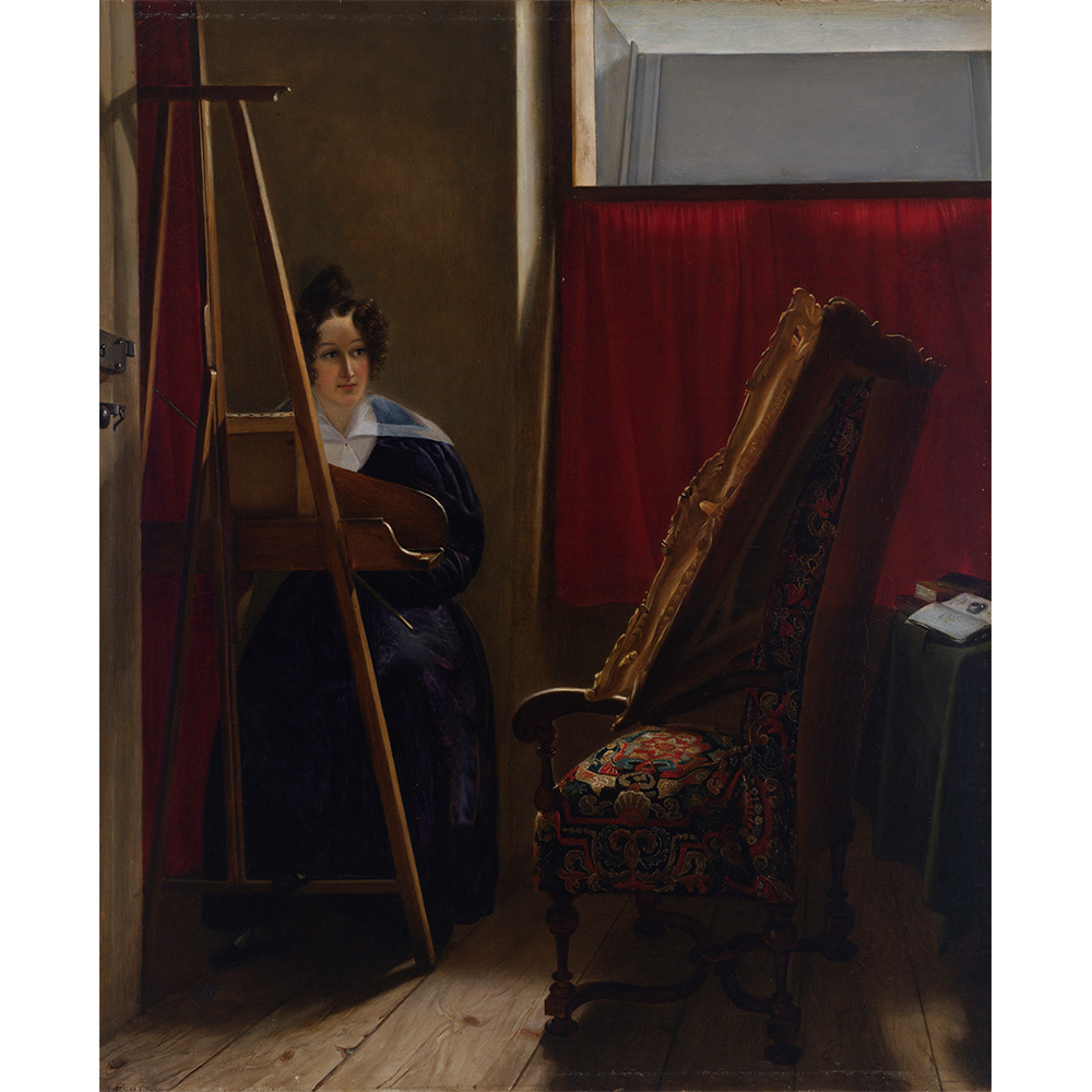 Painting of a woman sitting at her easel, painting.
